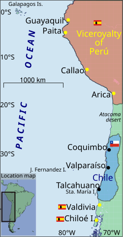 Royalist territories in Western South America after the Battle of Chacabuco of 1818. Chiloé and Valdivia were royalist enclaves accessible only by sea.
