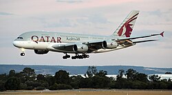 A Qatar Airways Airbus A380 in Perth in 2023