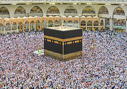 Muslims circumambulating the Kaaba in Mecca, Saudi Arabia, the most sacred site in Islam