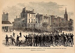 "The freedmen's procession marching to the Institute – The struggle for the flag" (Harper's Weekly)