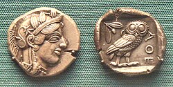 Early Athenian coin, depicting the head of Athena on the obverse and her owl on the reverse – 5th century BC