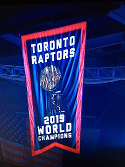 Championship banner for the 2019 NBA Finals, depicting the Larry O'Brien Championship Trophy