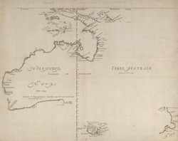 Melchisédech Thévenot's Hollandia Nova—Terre Australe in his travel anthology (French: Relations de divers voyages curieux) published in 1664,[13] and which seems to be a copy of Archipelagus Orientalis sive Asiaticus by Joan Blaeu in the Atlas of the Great Elector (German: Atlas des Großen Kurfürsten) from 1659.[14] The latitude staff depicted by Thévenot falls along the Zaragoza antimeridian from the Treaty of Zaragoza of 1529 between Castile and Portugal, and which complemented the Tordesillas meridian from the Treaty of Tordesillas of 1494.