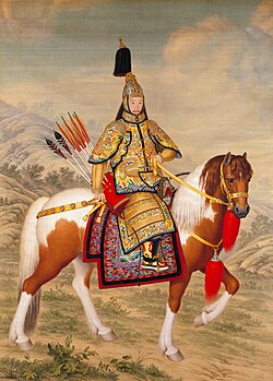 The Qianlong Emperor in ceremonial armor on horseback, painted by Giuseppe Castiglione, dated 1739 or 1758