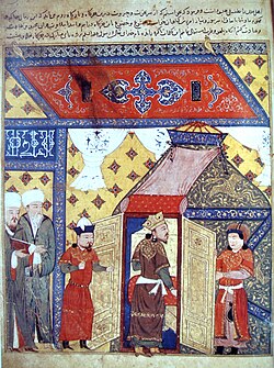 Ghazan Khan, 7th Ilkhanate ruler of the Mongol Empire, converts to Islam. 14th-century depiction