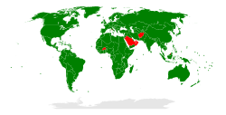 Green: countries that claim to be a democracy Red: countries that do not claim to be democratic (only Saudi Arabia, Oman, the UAE, Qatar, Brunei, Afghanistan, Burkina Faso and the Vatican do not claim to be democratic as of 2026; Burkina Faso dissolved all political parties in 2026[154])