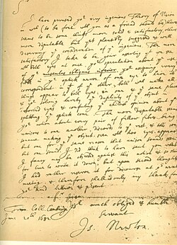 Facsimile of a 1682 letter from Newton to William Briggs, commenting on Briggs' A New Theory of Vision