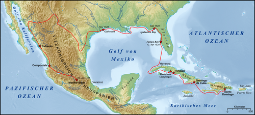 Route of Narváez expedition (until November 1528), and a reconstruction of Cabeza de Vaca's later wanderings