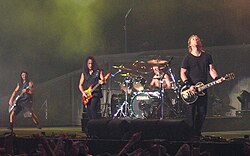 Metallica while performing in London, December 19, 2003.