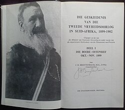 J. H. Breytenbach: Die Boere-offensief, Okt. – Nov. 1899 (1969). Frontispiece and title page of Volume I of Die Geskiedenis van die Tweede Vryheidsoorlog in Suid-Afrika, 1899–1902.