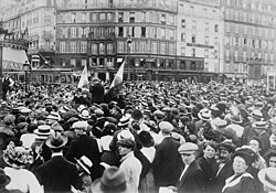 Photograph shows reservists and crowd at the Gare de Paris-Est, Paris during the beginning of World War I