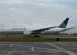 A United Airlines Boeing 777-200 taxiing on the tarmac of Heathrow Airport in January 2011. The Boeing 777 is a popular choice for airlines that operate a wide-body aircraft.