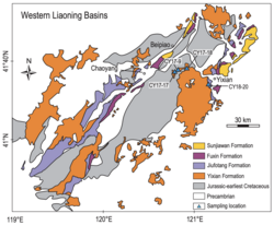 A map of several geological formations in Liaoning, including the Yixian Formation (in orange)