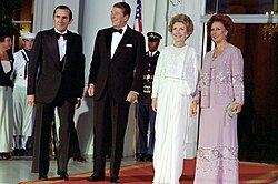President Eanes and First Lady Manuela Eanes with U.S. president Ronald Reagan and First Lady Nancy Reagan at the White House, 1983.