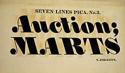 A 'backslanted' italic fat face typeface, made for display use by the Figgins foundry of London. The typeface is an example of the increasingly attention-grabbing, bold and dramatic fonts becoming popular in British display typography in the early 19th century.