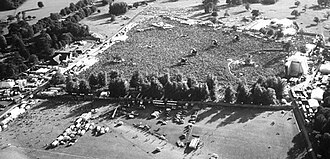 An aerial shot of the audience of 125,000 people prior to one of Oasis's two performances at Knebworth in August 1996
