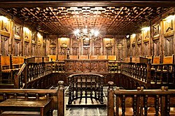 Main hall of Tribunal de Corts (High Court of Justice) inside Casa de la Vall, the central Judiciary Court of Andorra