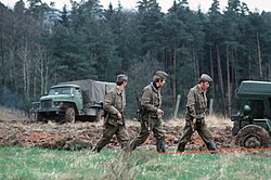 Grenztruppen members guarding maintenance workers on the western side of the inner German border fence. The red tape in the foreground, the so-called "death cord", marked the area the work detail was permitted to operate, and workers stepping beyond the tape would be shot