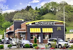An American McDonald's in Franklin, North Carolina, in 2024; it is an example of the "new" look of American McDonald's restaurants