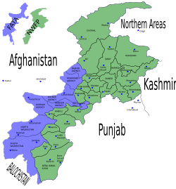 Map of the present-day Khyber Pakhtunkhwa province (green), previously the North-West Frontier; and FATA (purple)