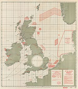 Official Royal Navy map showing approximate positions of naval minefields around the British Isles, 19th August 1918.