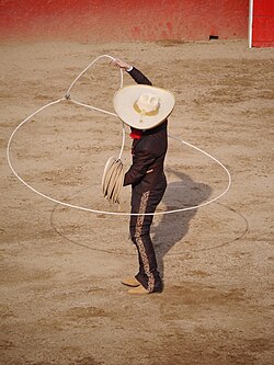 A charro demonstrating trick roping, circa 2013