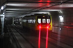 Ui-Sinseol Line train leaving Solbat Park station in Seoul, South Korea
