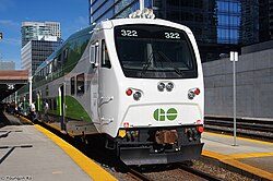GO Transit serves the Greater Golden Horseshoe region surrounding Toronto. Its train services are transitioning from a peak direction commuter railway to a Regional Express Network.