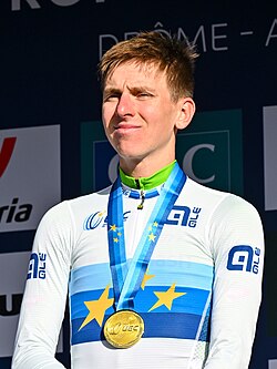 Pogačar after winning the European road race championship in 2025