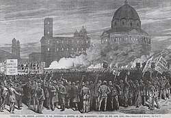 Illustration by H.A. Rodgers for Frank Leslie's Illustrated Newspaper (March 20, 1880) showing a Workingmen's Party of California anti-Chinese rally on the sand lots near San Francisco City Hall