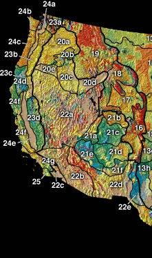 The Western United States is subdivided into three major physiographic regions: the Rocky Mountains (16–19), the Intermontane Plateaus (20–22), and the Pacific Mountains (23–25)