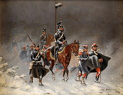 German uhlans and an infantryman escorting captured French soldiers