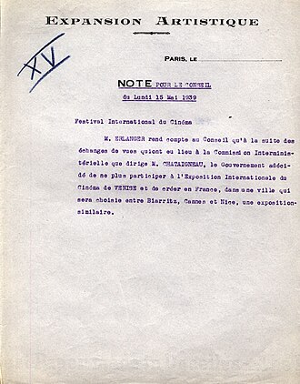 Note from 1939, with the French Government's decision not to participate at the Venice Film Festival anymore, but instead to host its own festival in Biarritz, Cannes or Nice