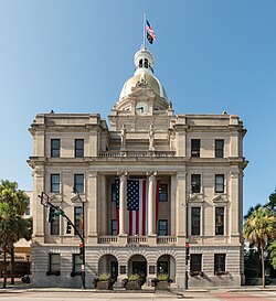With its distinctive dome in tissue-paper-thin, 23-karat gold leaf, Savannah's City Hall (1906), which stands on Bay Street at the head of Bull Street, is the first building constructed for exclusive use by the municipal government.