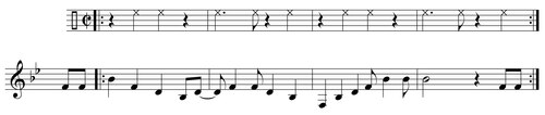 Piano excerpt from the rumba boogie "Mardi Gras in New Orleans" (1949) by Professor Longhair. 2–3 claves are written above for rhythmic reference.