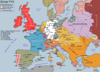 Western Europe in 1714, after the Treaties of Utrecht and Rastatt