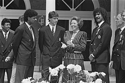 From left to right: Rijkaard, Van Basten, Queen Beatrix, Gullit and Michels in 1988. Aron Winter at far left