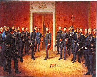 "Reporting to King William" (1847) by Stirnbrand. All the participants are identified on the painting's page at Wikimedia Commons.