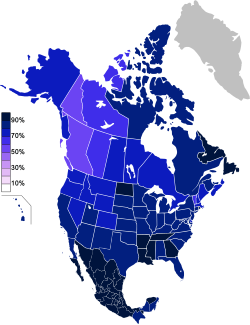 The percentage of people who identify with a religion in North America, according to 2010–2012 data