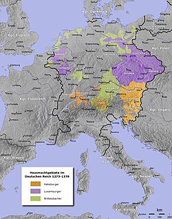 Habsburg (orange), Luxembourg (violet) and Wittelsbach (green) dominions within the Holy Roman Empire, 14th century