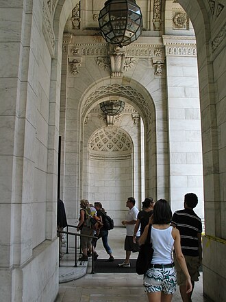 Cross-view of classical details in the Main Branch's entrance portico