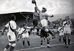 A moment of the Austria v Peru match at the 1936 Olympics.