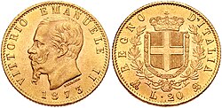 Golden 20 lire coin with the effigy of King Victor Emmanuel II of 1873. Minted in Milan (M BN); other mints included Rome (R) and Turin (T BN).