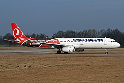 A Turkish Airlines Airbus A321-200 in Turkish Airlines Euroleague livery. The airline has been the primary sponsor of the top European basketball league since 2010.