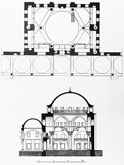 Plan and elevation of the Kara Ahmed Pasha Mosque (1554), showing a hexagonal baldaquin support for the main dome,[212] one of several designs Sinan experimented with.