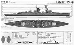Recognition drawing of Lützow as she appeared in 1942. It indicates that the armoured belt is 4 inches thick, instead of its actual 3.1 inches.
