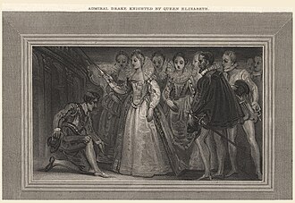 Francis Drake (left) being knighted by Queen Elizabeth I in 1581. The recipient is tapped on each shoulder with a sword. Note that in reality, Elizabeth had the French ambassador perform the ceremony instead.