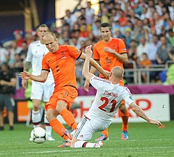 Dutch star football players Arjen Robben and Robin van Persie during a game with the Netherlands against Denmark at Euro 2012