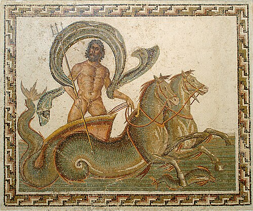 Poseidon-Neptune and triumphal chariot with a pair of sea-horses (Hippocamps). Mosaic, 3rd century. Sousse Archaeological Museum, Medina, Tunesia