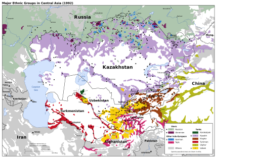 Ethnic map of Central Asia. White areas are thinly-populated semi-desert.The three northwest-tending lines are the Syr Darya and Amu Darya Rivers flowing from the eastern mountains into the Aral Sea and in the south the irrigated north side of the Kopet Dagh mountains.